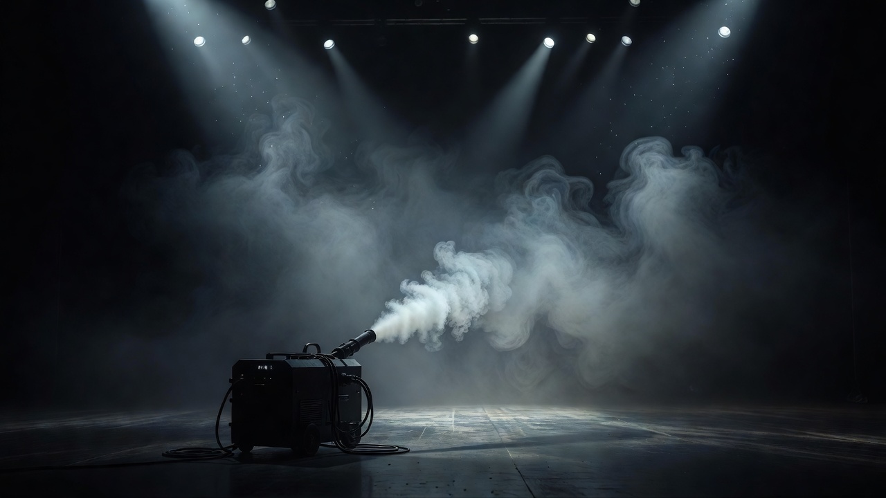 Atmospheric haze machine operating on a dark stage