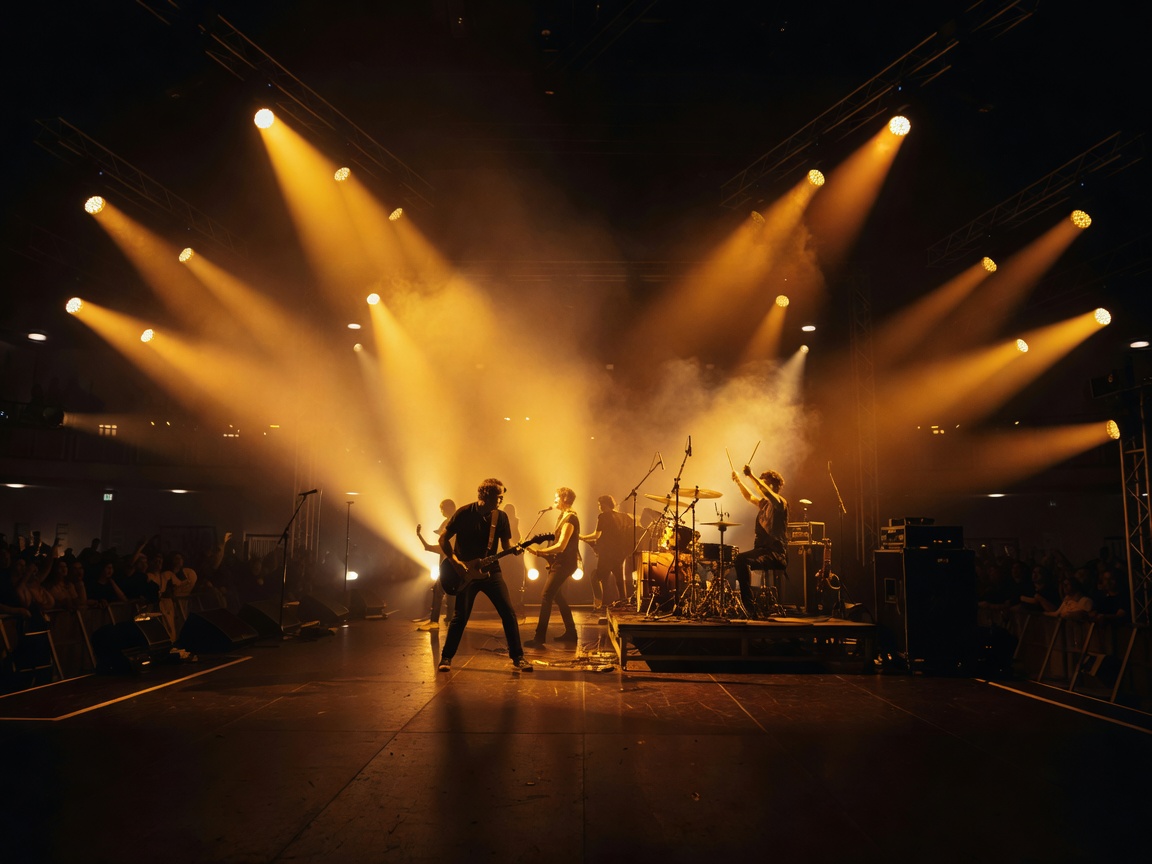 Concert stage illuminated by amber spotlights