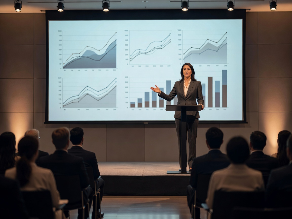 Highly realistic professional event photograph of a corporate presentation with balanced speaker and screen lighting