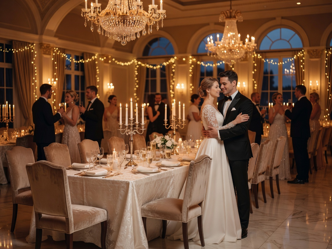 Professional realistic wedding-event photograph of an elegant reception with warm evening lighting
