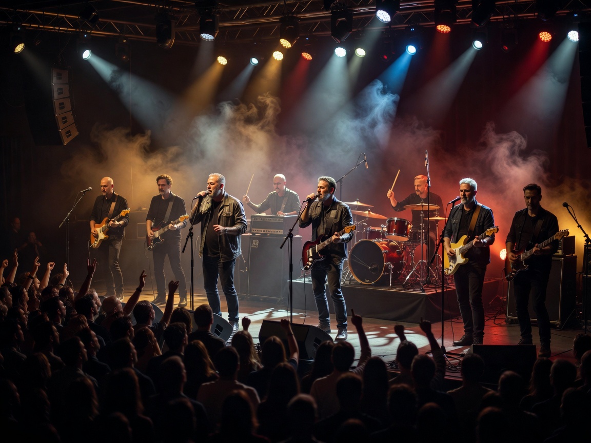 Professional realistic live-event photograph of a genuine indoor music concert with layered front, back, and atmospheric lighting