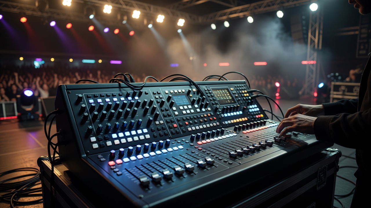 Professional lighting control console at a live event